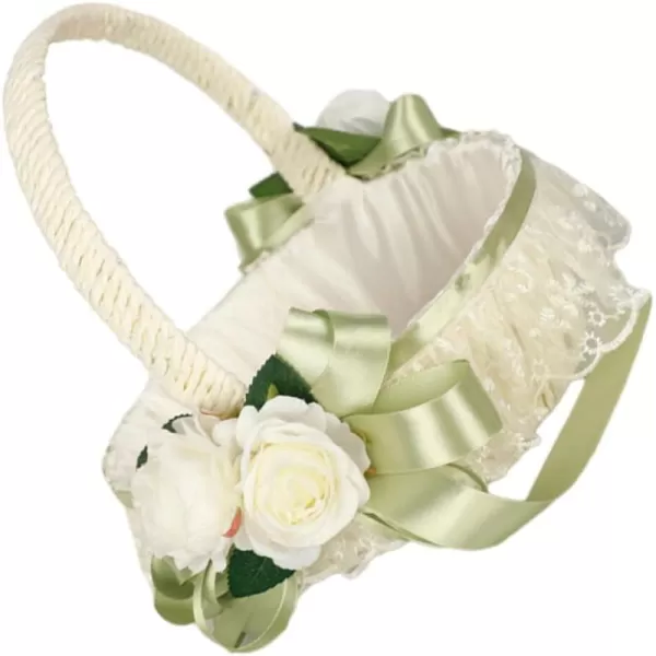 imageToyvian Wedding Ribbon Basket Flower Girl Basket Pearl Lace Flower Basket Romantic Large Wedding Basket with Satin Flowers and Bow for Flower Girls Wedding CeremonyLight Green