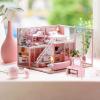 imageToyvian Mini Dresser Dollhouse Dressing Mirror Miniatures Wood Furniture Dollhouse Table Model Mini Furniture Ornament Miniature Mirror Wooden Dresser Toy Pink Accessories Birch HouseholdPink