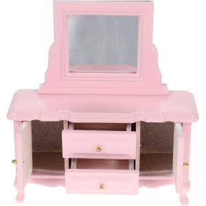 imageToyvian Mini Dresser Dollhouse Dressing Mirror Miniatures Wood Furniture Dollhouse Table Model Mini Furniture Ornament Miniature Mirror Wooden Dresser Toy Pink Accessories Birch HouseholdPink