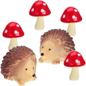 imageToyvian 1 Set Resin Fairy Garden Accessories 2 Hedgehogs and 4 Mushrooms Garden Decoration Mini Resin Animals Figures Landscape Figurines for Miniatures Garden Decorative Ornaments