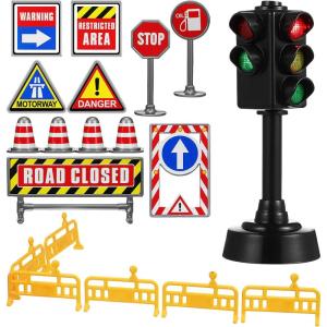 imageToyvian 1 Set Street Signs Playset for Kids Mini Traffic Signs Toy Plastic Cones Toyset Mini Traffic Light and Traffic Sign Models Traffic Signal Stoplights Safety Education Toy