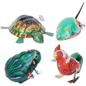 imageToyvian 4Pcs Vintage Tin Toys Clockwork Toys Metal Clockwork Spring Wind up Metal Jumping Animal Toys Metal Rooster Turtle Interesting Toys Random Style and Color