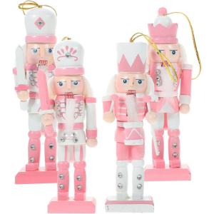 imageToyvian Pink Christmas Nutcracker Decoration 4pcs Christmas Nutcracker Ornament Xmas Wooden Nutcracker Pendant for Christmas Tree Decorations 12CM