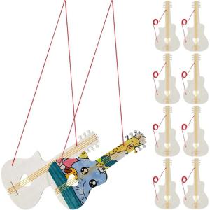 imageToyvian Wooden Guitar Kids Craft 10pcs Unfinished Mini Ukulele Toys with Hole Ropes Electric Guitar Shaped Hanging Ornaments Musical Instrument Set for Children Ages 35 DIY Painting and Display