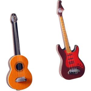 imageToyvian 2Pcs Miniature Guitar Dollhouse Mini Musical Instrument Wood Bass Guitar Model Ornament for Fairy Garden Accessories Kids Play Toys Birthday Gifts Random Color