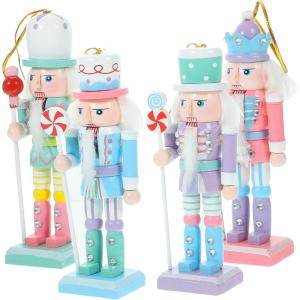 imageToyvian Christmas Candy Nutcracker Ornaments 4pcs Pink Candy Cane Wooden Pastel Nutcracker Soldier Figures Traditional Holiday Nutcrackers Christmas Tree Hanging Pendant Gift 12CM