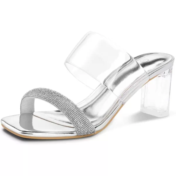 mysoft Clear Heels for Women Transparent Two Strap Block Chunky Square Heel Sandals Open Toe Slip On SandalsSilver Rhinestone