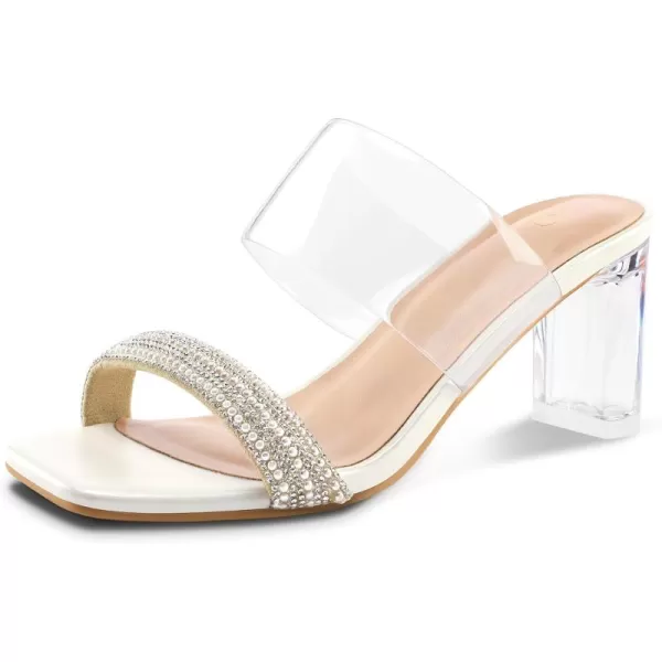 mysoft Clear Heels for Women Transparent Two Strap Block Chunky Square Heel Sandals Open Toe Slip On SandalsWhite Rhinestone