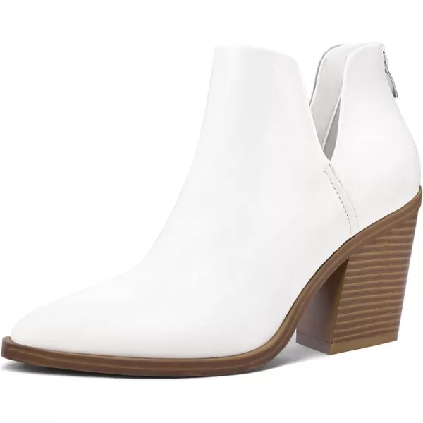 mysoft Womens Ankle Boots Slip on Cutout Pointed Toe Chunky Stacked Mid Heel BootiesWhite