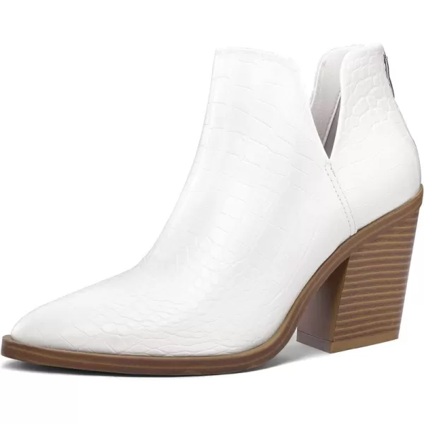 mysoft Womens Ankle Boots Slip on Cutout Pointed Toe Chunky Stacked Mid Heel BootiesWhite Snake