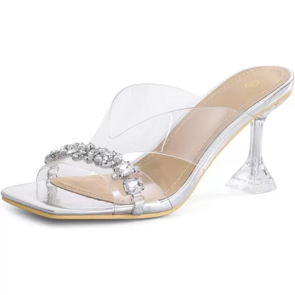 mysoft Womens Clear Heeled Sandals Square Toe Transparent Stiletto Mules Open Toe Slip on Dress ShoesRhinestones