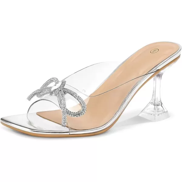 mysoft Womens Clear Heeled Sandals Square Toe Transparent Stiletto Mules Open Toe Slip on Dress ShoesRhinestones Bowknot