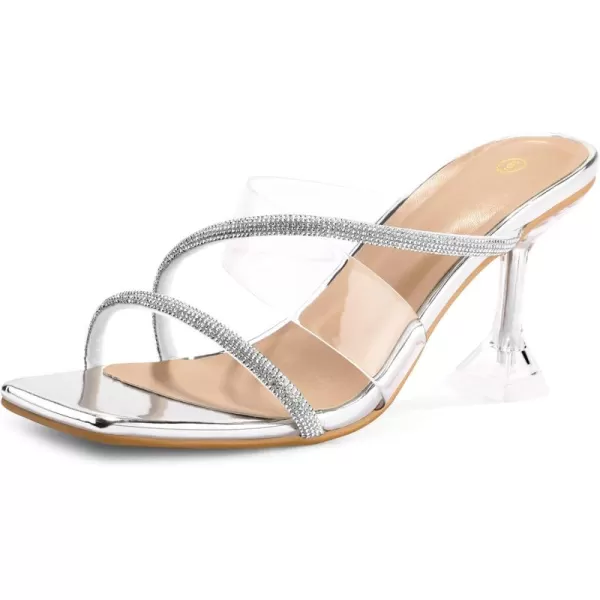 mysoft Womens Clear Heeled Sandals Square Toe Transparent Stiletto Mules Open Toe Slip on Dress ShoesRhinestones Cross