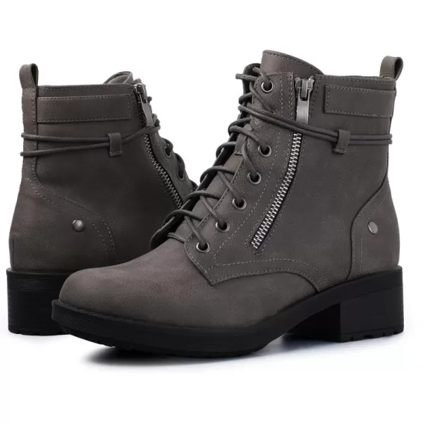 mysoft Womens Combat Boots Lace Up Side Zipper Ankle Booties Comfortable Work Casual ShoesGrey