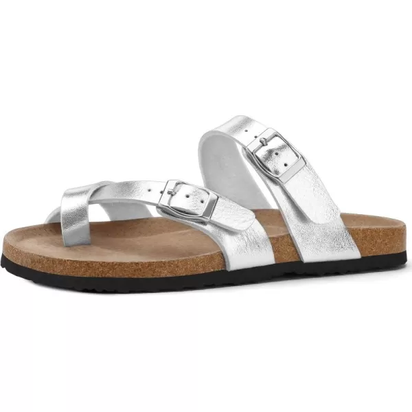 mysoft Womens Cork Footbed Sandal Slip On Double Buckle Slide Sandals with Comfort Arch SupportSilver