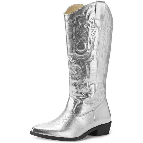 mysoft Womens Cowboy Boots Mid Calf Cowgirl Boots Embroidered Western Pointed Toe Chunky Heel Pull On Knee High BootsSilver