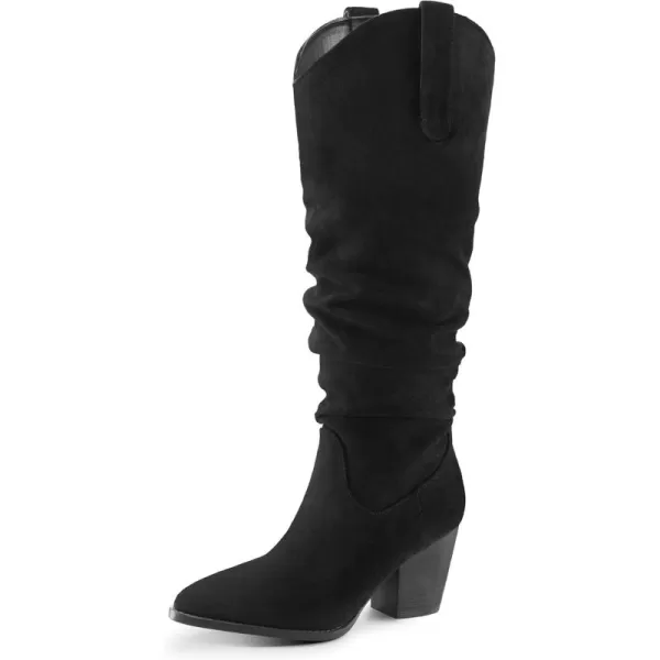 mysoft Womens Cowboy KneeHigh Boots Pointed Toe Mid Chunky Heel Pull On Slouchy Boots with ZippersBlack