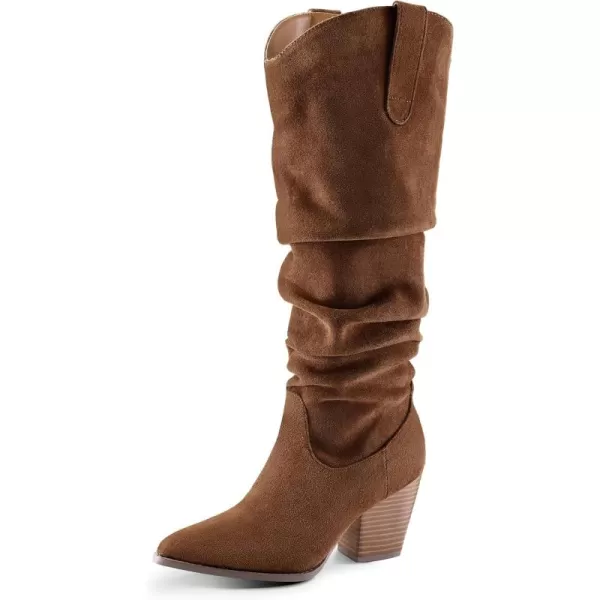 mysoft Womens Cowboy KneeHigh Boots Pointed Toe Mid Chunky Heel Pull On Slouchy Boots with ZippersBrown