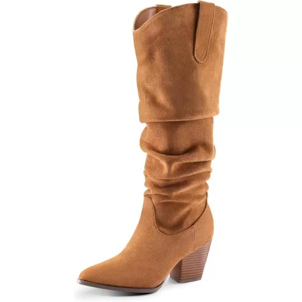 mysoft Womens Cowboy KneeHigh Boots Pointed Toe Mid Chunky Heel Pull On Slouchy Boots with ZippersCamel