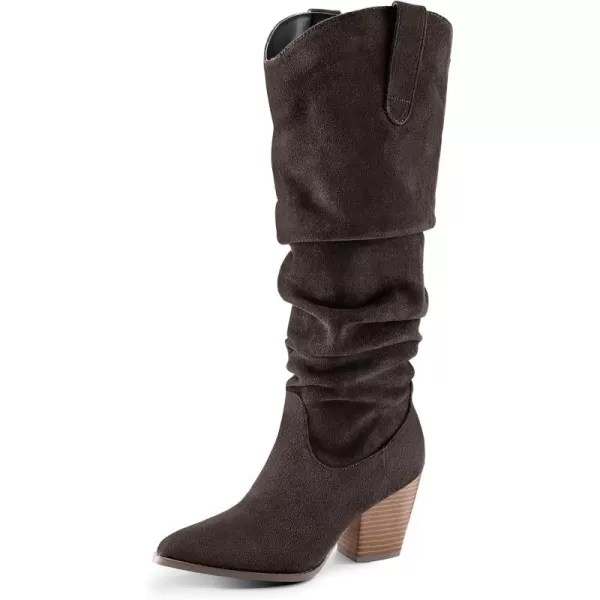 mysoft Womens Cowboy KneeHigh Boots Pointed Toe Mid Chunky Heel Pull On Slouchy Boots with ZippersChocolate