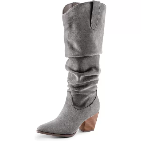 mysoft Womens Cowboy KneeHigh Boots Pointed Toe Mid Chunky Heel Pull On Slouchy Boots with ZippersGrey