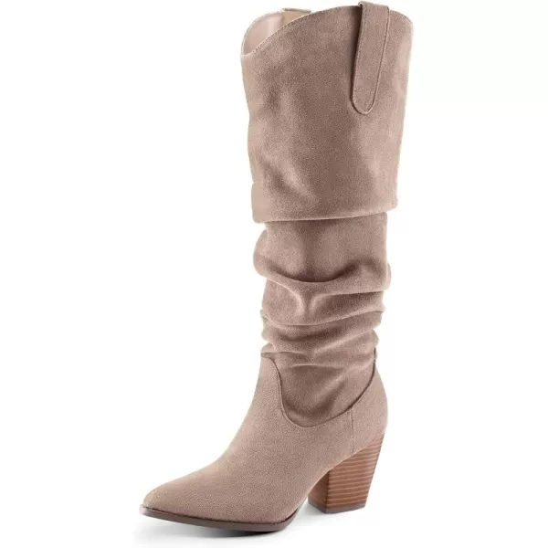 mysoft Womens Cowboy KneeHigh Boots Pointed Toe Mid Chunky Heel Pull On Slouchy Boots with ZippersTaupe