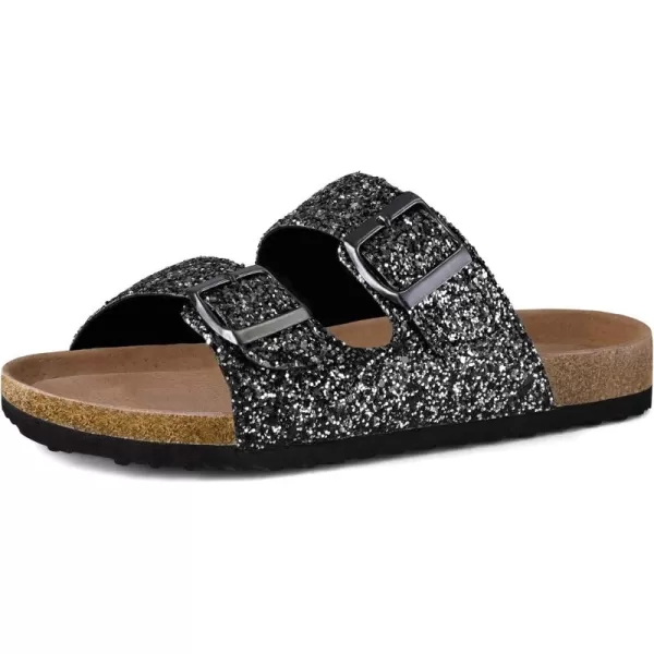 mysoft Womens Flat Sandals Cork Footbed Slides 2 Straps Adjustable Buckle Slip On Summer with Comfort ShoesBlack Glitter