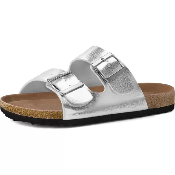 mysoft Womens Flat Sandals Cork Footbed Slides 2 Straps Adjustable Buckle Slip On Summer with Comfort ShoesSilver