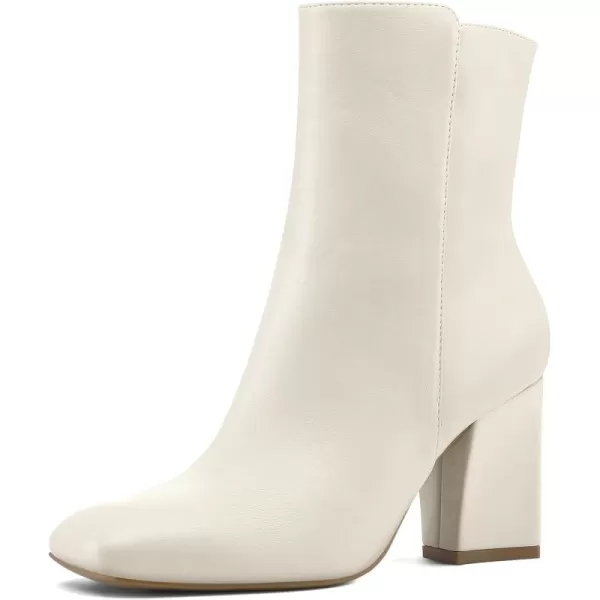 mysoft Womens GoGo Ankle Boots Square Toe Side Zipper Chunky Block Heel Mid Calf Low Heeled Short BootiesCream Pu