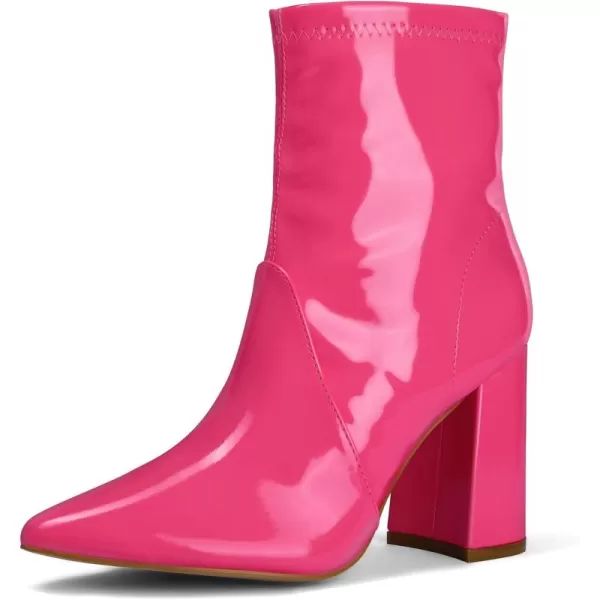 mysoft Womens GoGo Boots Mid Calf Block Heel Ankle Boots Pointed Toe Patent Leather Side Zipper BootiesHot Pink