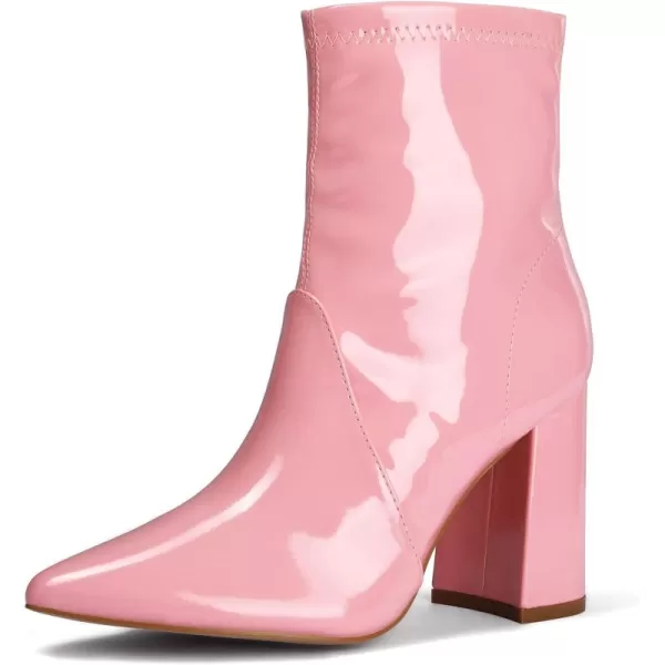 mysoft Womens GoGo Boots Mid Calf Block Heel Ankle Boots Pointed Toe Patent Leather Side Zipper BootiesPink