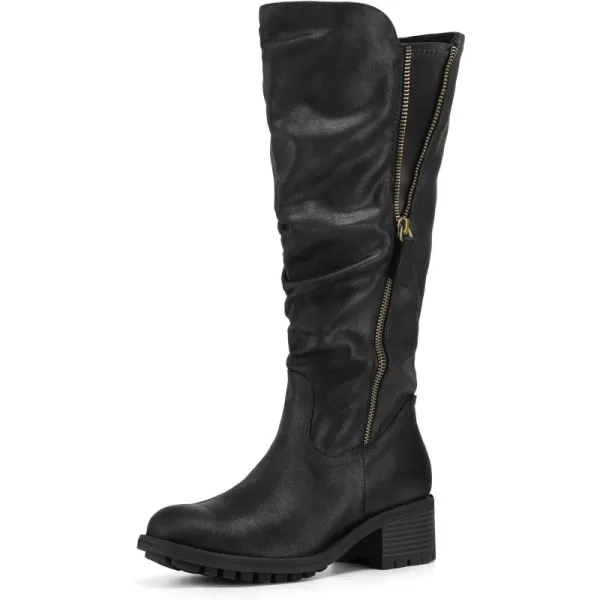 mysoft Womens Knee High Boots Side Zipper Lug Sole 2 Inch Stacked Chunky Heel BootsBlack Antique Brass Zipper