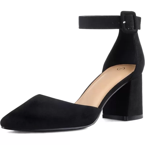 mysoft Womens Pointed Toe Low Chunky Heels Closed Toe Ankle Strap Dress Pump Shoes  Available in Wide SizesBlack Suede