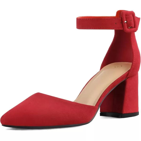 mysoft Womens Pointed Toe Low Chunky Heels Closed Toe Ankle Strap Dress Pump Shoes  Available in Wide SizesRed Suede