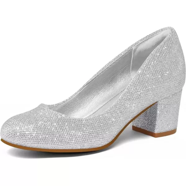 mysoft Womens Pumps Low Chunky Block Heel Round Toe Comfortable Dress ShoesSilver Glitter