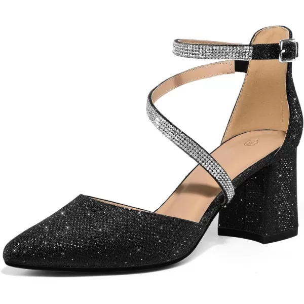 mysoft Womens Pumps Low Chunky Block Heels Pointed Toe Ankle Strap Across Instep Strap Party Wedding Dress ShoesBlack Glitter