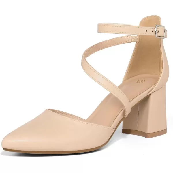 mysoft Womens Pumps Low Chunky Block Heels Pointed Toe Ankle Strap Across Instep Strap Party Wedding Dress ShoesNude Pu