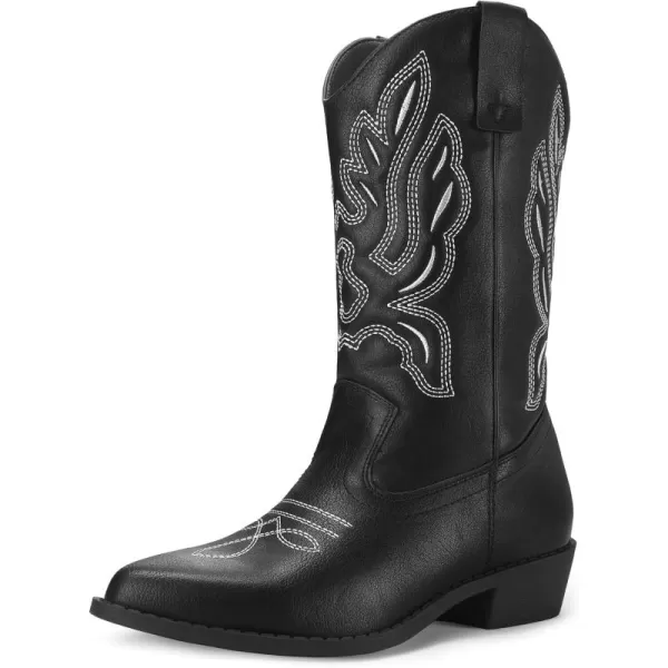 mysoft Womens Western Cowboy Boots Embroidered MidCalf Pointed Toe Cowgirl Boot Accommodate Both Regular and Wide CalfBlack Puwhite Embroidery