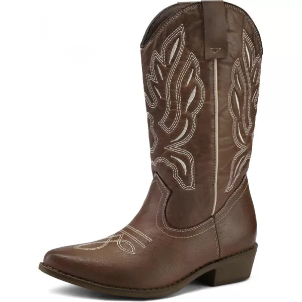 mysoft Womens Western Cowboy Boots Embroidered MidCalf Pointed Toe Cowgirl Boot Accommodate Both Regular and Wide CalfBrown