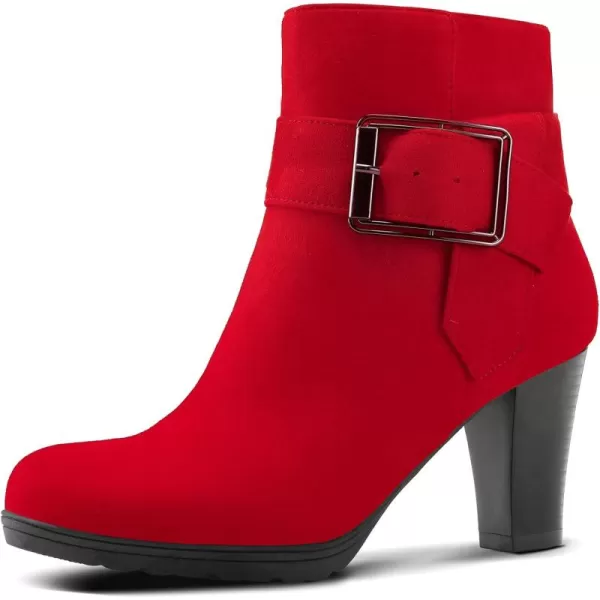 mysoft Womens Wide Width Ankle Boots Chunky Heel Ankle Strap Buckle Booties with ZipperRed Suede