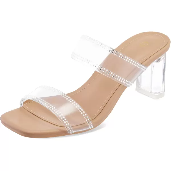 mysoft Clear Heels for Women Transparent Two Strap Block Chunky Square Heel Sandals Open Toe Slip On Dress Sandals Clear size 95