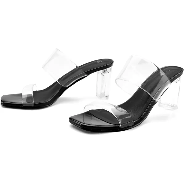 mysoft Clear Heels for Women Transparent Two Strap Block Chunky Square Heel Sandals Open Toe Slip On SandalsBlackClear