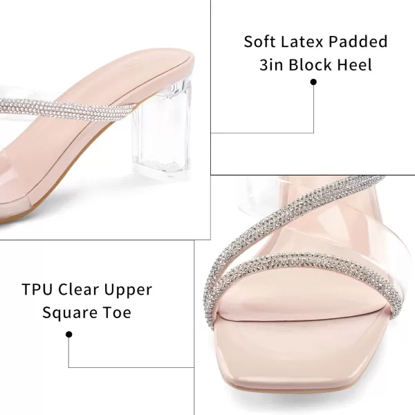 mysoft Clear Heels for Women Transparent Two Strap Block Chunky Square Heel Sandals Open Toe Slip On SandalsNude Rhinestone