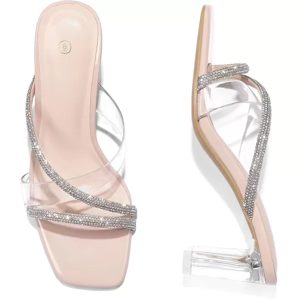 mysoft Clear Heels for Women Transparent Two Strap Block Chunky Square Heel Sandals Open Toe Slip On SandalsNude Rhinestone