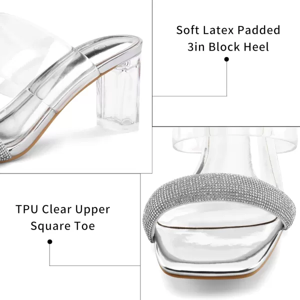 mysoft Clear Heels for Women Transparent Two Strap Block Chunky Square Heel Sandals Open Toe Slip On SandalsSilver Rhinestone