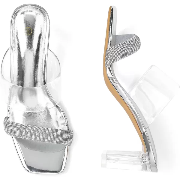 mysoft Clear Heels for Women Transparent Two Strap Block Chunky Square Heel Sandals Open Toe Slip On SandalsSilver Rhinestone