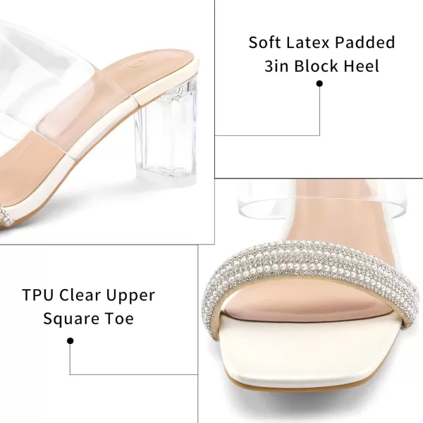 mysoft Clear Heels for Women Transparent Two Strap Block Chunky Square Heel Sandals Open Toe Slip On SandalsWhite Rhinestone