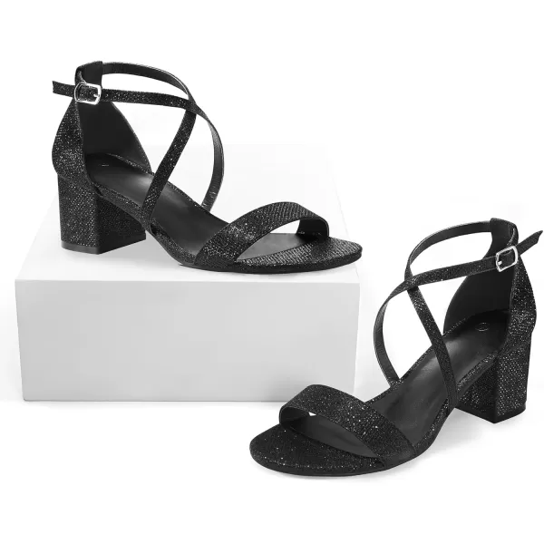 mysoft Womens 225 Inch Low Chunky Heels Dress Pump Open Toe Cross Ankle Strap Wedding Block Heeled SandalsBlackglitter