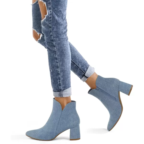 mysoft Womens Ankle Boots Chunky Block Low Heel Comfortable Pointed Toe Side V Cutout Dressy Office Booties with ZipperDenim