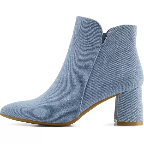 mysoft Womens Ankle Boots Chunky Block Low Heel Comfortable Pointed Toe Side V Cutout Dressy Office Booties with ZipperDenim